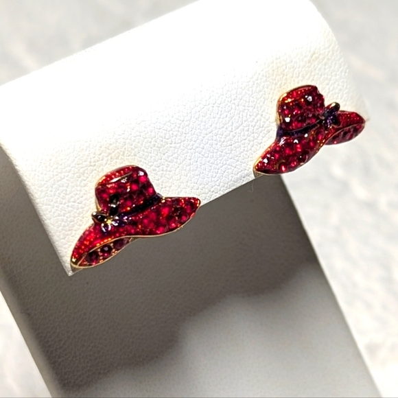 Vintage 1990's Red Hat Society Rhinestone Pierced Earrings - Picture 3 of 9